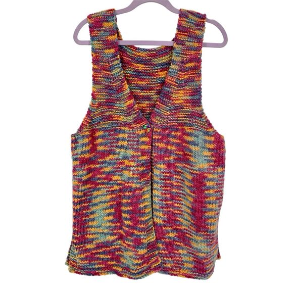 VTG Chunky Knit Rainbow Bright Funky Artsy Eclectic Boho Cardigan Sweater Vest - Picture 1 of 7